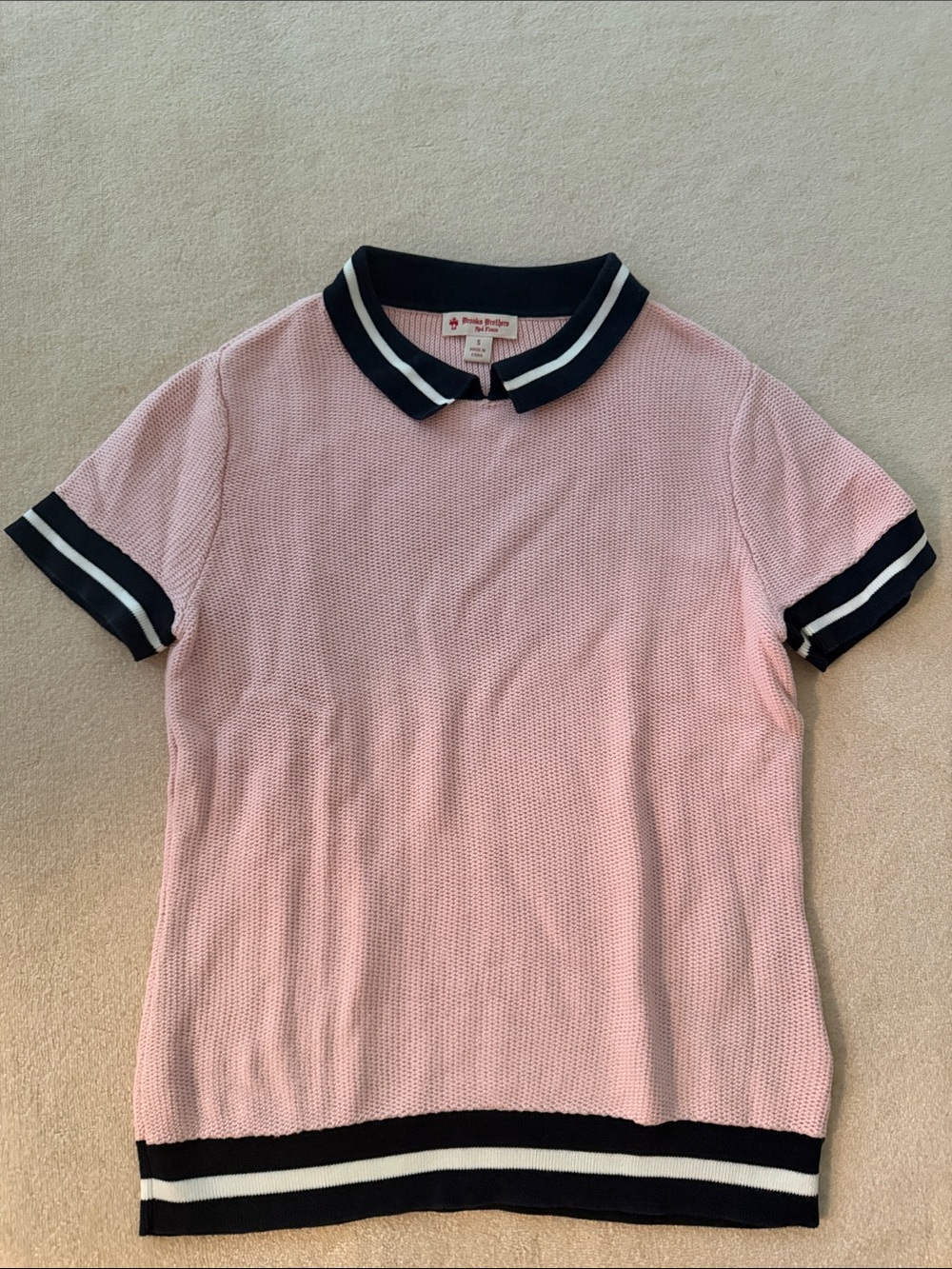 Brooks Brothers Red Fleece Knit Pink Polo Top with Navy & White Trim